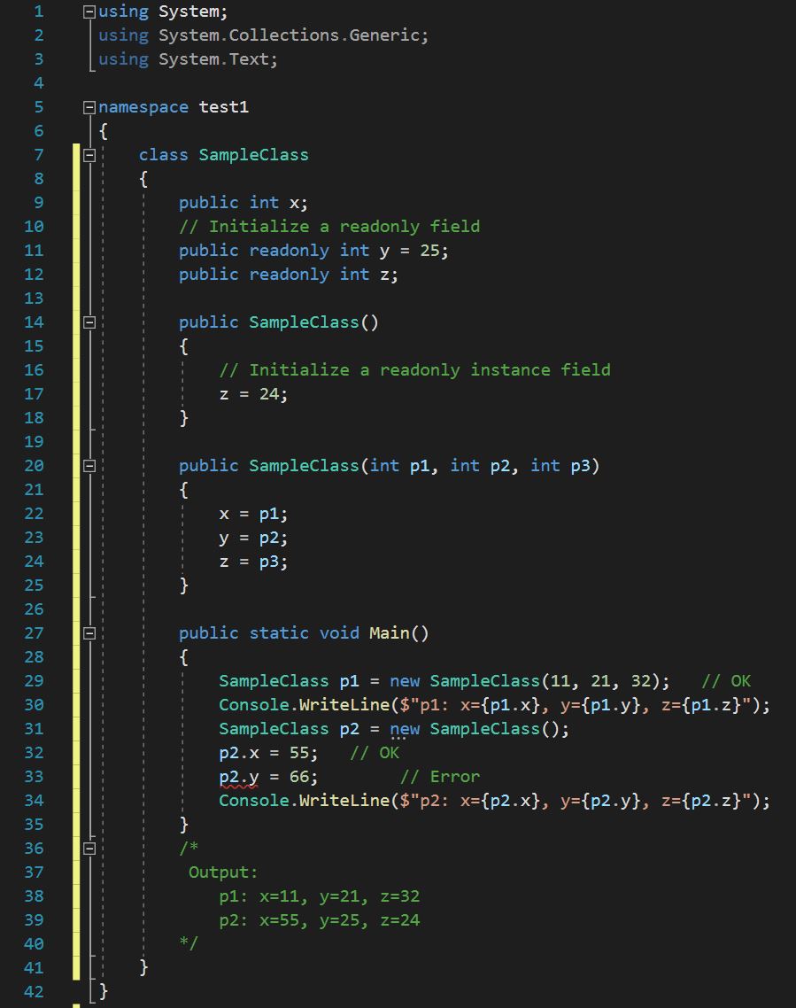 ตัวอย่างโค้ดการกำหนดค่าเริ่มต้นให้แก่ฟิลด์ที่เป็น readonly